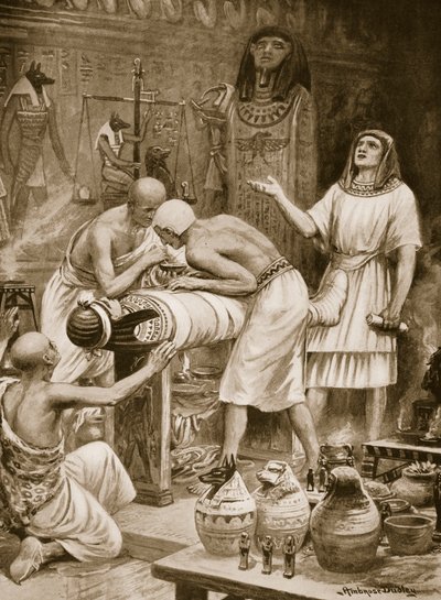 Balsamowanie zmarłych, ilustracja z „Historia narodów Hutchinsonów”, c.1910 (lito) autorstwa Robert Ambrose Dudley