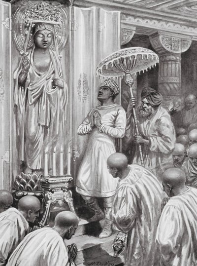 Kanishka inauguruje buddyzm mahajany (północny), AD 100 (litografia) autorstwa Robert Ambrose Dudley