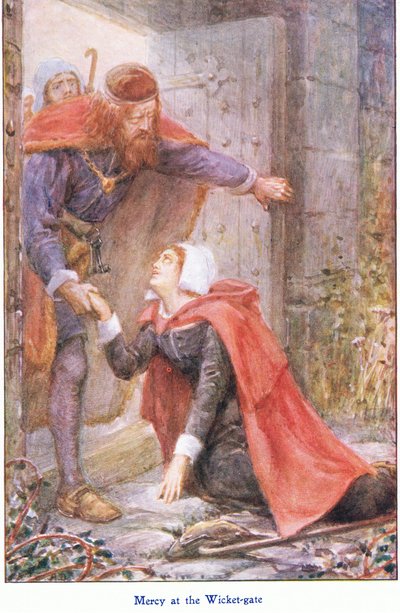 Mercy at the Wicker Gate, z książki The Pilgrims Progress wydanej przez John F. Shaw & Co, ok. 1900 (kolor lito) autorstwa Robert Ambrose Dudley