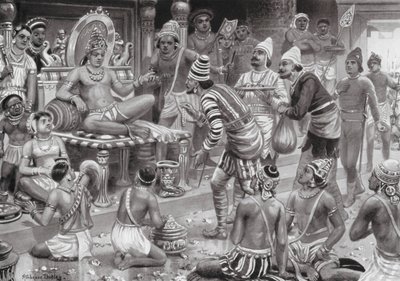 Pulikesin II, Chalukhya, przyjmuje wysłanników z Persji (litografia) autorstwa Robert Ambrose Dudley
