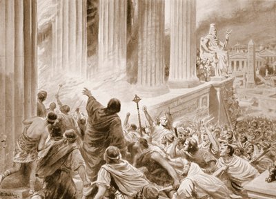 Spalenie Biblioteki w Aleksandrii w 391 AD, ilustracja z „Hutchinsons History of the Nations”, c.1910 (lito) autorstwa Robert Ambrose Dudley
