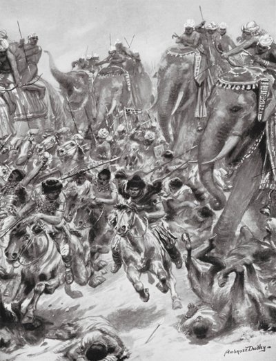 Pokonanie Eftalitów lub Białych Hunów, AD 528 (litografia) autorstwa Robert Ambrose Dudley