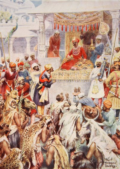 Khan Jahan pokazuje Akbarowi jego książęcych jeńców, ilustracja z „Historii Narodów Hutchinsona”, c.1910 (kolor lito) autorstwa Robert Ambrose Dudley