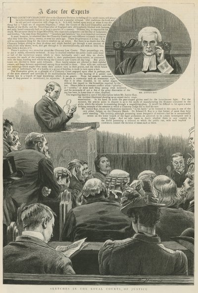 Sprawa dla ekspertów: Szkice w Royal Courts of Justice; z winietą Mr Justice Kay autorstwa Robert Barnes