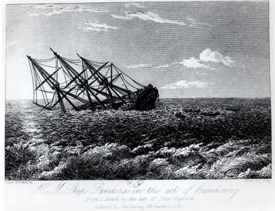 H.M. Założenie Pandory, z książki „The Eventful History of the Bunity and Piratical Seizure of H.M.S. Bounty: jego przyczyna i konsekwencje” Johna Barrowa, opublikowane przez Johna Murraya w 1835 r. autorstwa Robert Batty