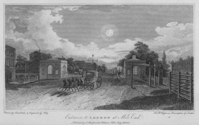 Wejście do Londynu na Mile End (grawerowanie) autorstwa Robert Blemell (after) Schnebbelie