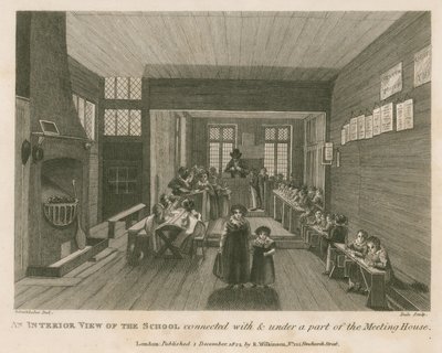 Widok wnętrza szkoły połączonej z częścią i pod częścią dawnego domu spotkań Johna Bunyana autorstwa Robert Blemell Schnebbelie