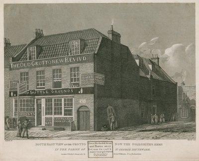 Południowo-wschodni widok na Grotę, obecnie Ramiona Złotnika, w parafii St George, Southwark autorstwa Robert Blemell Schnebbelie