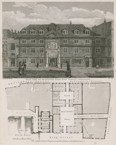 Widok na zachód Blackwell Hall, King Street, Cheapside autorstwa Robert Blemell Schnebbelie