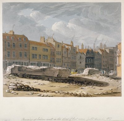 Pozostałości muru londyńskiego zburzonego w 1817 r., City of London, 1817 r. autorstwa Robert Blemmell Schnebbelie