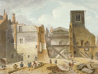 Widok zburzenia Pałacu Savoy, Westminster, Londyn, 1820 autorstwa Robert Blemmell Schnebbelie