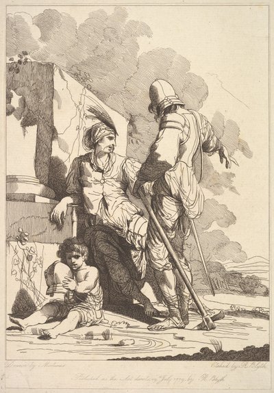 Dwóch żołnierzy i dziecko trzymające hełm, 19 lipca 1779 r. autorstwa Robert Blyth