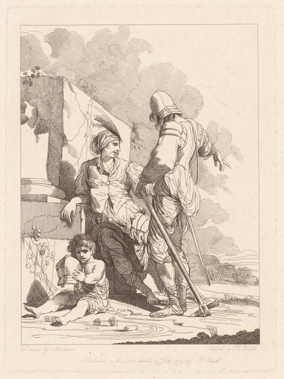 Dwóch żołnierzy i dziecko trzymające hełm autorstwa Robert Blyth, after John Hamilton Mortimer
