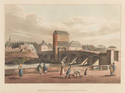 Wejście do Hanau przez most Kinzig, 1814 (akwatinta) autorstwa Robert Bowyer