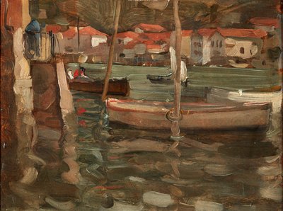 Łodzie wiosłowe przy nabrzeżu portowym, Concarneau (olej na panelu) autorstwa Robert Brough