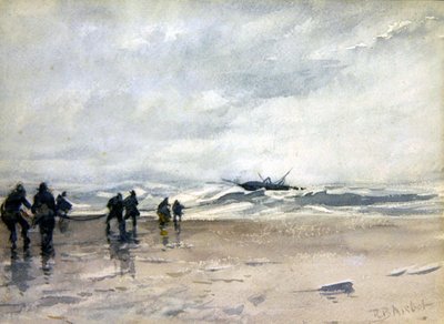 Rybacy ciągnący zniszczoną łódź rybacką (akwarela na papierze) autorstwa Robert Buchan Nisbet