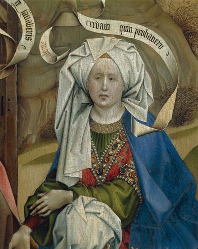 Detal przedstawiający kobietę z Narodzenia, autorstwa Mistrza Flemalle Roberta Campina (1375/1379-1444), olej na desce, ok. 1420 r. autorstwa Robert Campin