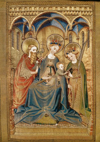 Święta Maria z Dzieciątkiem między świętą Katarzyną i świętym Janem Chrzcicielem, detal (haft na płótnie, złote i srebrne nici, jedwab, aksamit, perły i szkło) autorstwa Robert Campin