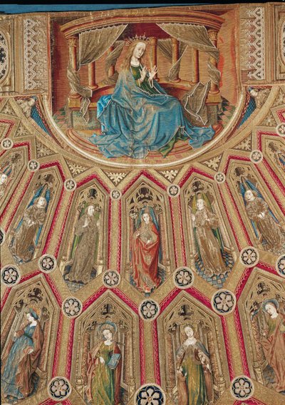 Maria, anioły i święte kobiety, detal (haft na jedwabiu złotą i srebrną nicią, perły i szkło) autorstwa Robert Campin