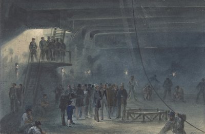 Zwijanie kabla w zbiorniku tylnym na pokładzie Great Eastern at Sheerness: Visit..., 1865-66. autorstwa Robert Charles Dudley