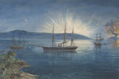 The Bay of Bull Arms, Trinity Bay, Nowa Fundlandia, Ogniska rozpalone na wzgórzach, aby powiadomić..., 1865-66 autorstwa Robert Charles Dudley