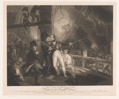 Bitwa pod Trafalgarem ze śmiercią Horatio Nelson Bitwa pod Trafalgarem i śmierć Lorda Wicehrabiego Nelsona (tytuł na obiekcie) autorstwa Robert Cooper