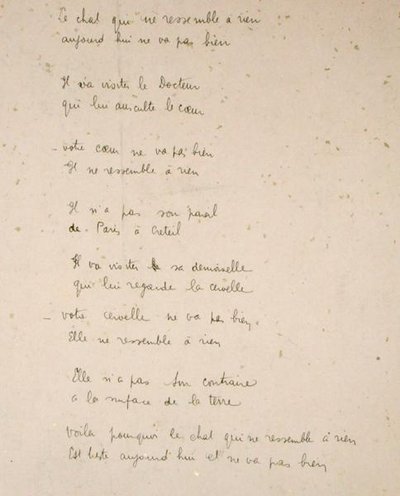 Kot, który jest jak nic na ziemi, rękopiśmienna strona tomu wierszy „La Menagerie de Tristan” Roberta Desnosa autorstwa Robert Desnos