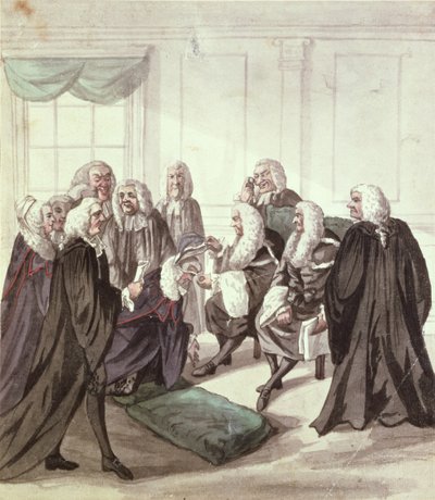 Zajrzenie do Westminster Hall na wezwanie sierżantów, XVIII wiek (pióro i atrament i toaleta na papierze) autorstwa Robert Dighton