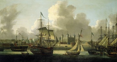 Żegluga w Londynie (Anglia), opis Tower of London po lewej, różne łodzie różnej wielkości ilustrują wielką aktywność rzeczną na Tamizie autorstwa Robert Dodd