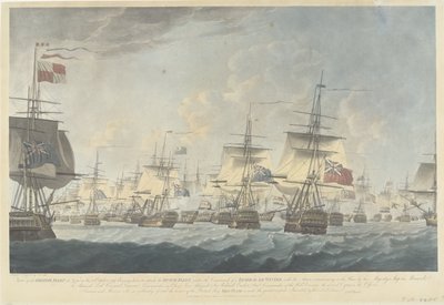 Bitwa pod Kamperduinem (1797): atak floty brytyjskiej Widok floty brytyjskiej w południe 11 października 1797 r., zmierzający do ataku na flotę holenderską (...) (tytuł na obiekcie) autorstwa Robert Dodd