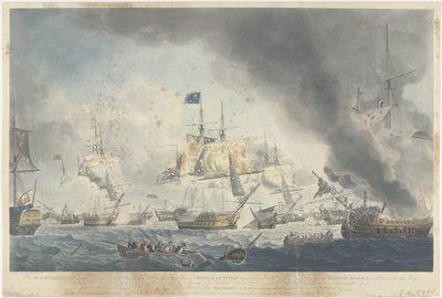 Bitwa pod Kamperduinem (1797): klęska floty Batawów Flota holenderska pokonana po południu 11 października 1797 r., pokazująca okręt flagowy Admirała De Wintera, zdemaskowała (...) (tytuł na obiekcie) autorstwa Robert Dodd
