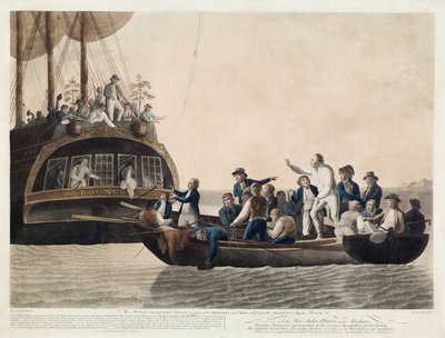 Buntownicy zmieniający porucznika Bligha oraz część oficerów i załogi Adrift, 29 kwietnia 1789, wyd. 1790 autorstwa Robert Dodd