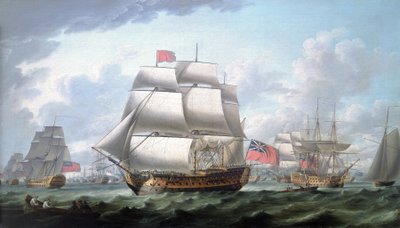 "Victory" opuszczający Spithead (Anglia), noszący czerwoną banderę i banderę wiceadmirała Rouges, po jego prawej trójmasztowiec zidentyfikowany jako "Queen Charlotte". autorstwa Robert Dodd