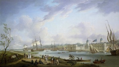 Widok Greenwich, opis Tamizy i działań na jej brzegach, a także żeglugi rzecznej, z zastrzeżeniem znaczenia pływów. Olej na płótnie autorstwa Robert Dodd