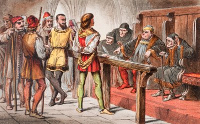 Dogberry mówi w Wiele hałasu o nic, akt IV, scena II: "Napisz, że mają nadzieję, że służą Bogu; i napisz najpierw Boga: bo Bóg broni, ale Bóg powinien iść przed takimi złoczyńcami", z "The Illustrated Library Shakespeare", wyd. Londyn 1890 (kolor l autorstwa Robert Dudley