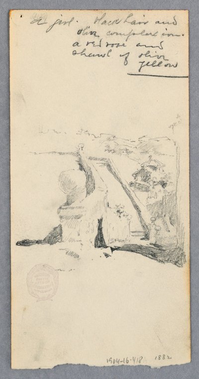 Rysunek, widok z wysokiego miejsca w kierunku miasta (recto); kobieta trzymająca słoik (verso), 1882 r. autorstwa Robert Frederick Blum