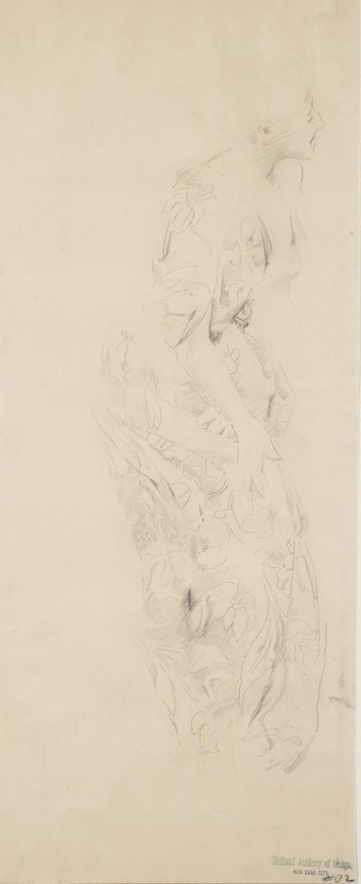 Szkic kobiety w kwiecistej sukience, prawdopodobnie do muralu Moods to Music, 1893-98 (grafitowo-żółty ołówek na jasnożółtym papierze) autorstwa Robert Frederick Blum