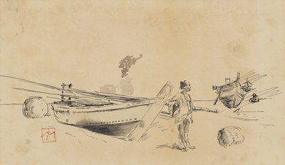 Dwie japońskie łodzie rybackie na brzegu, 1867-1903 autorstwa Robert Frederick Blum
