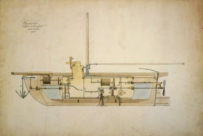 Oryginalny rysunek Nautilusa, pierwszej łodzi podwodnej (łodzi podwodnej), przedstawiony przez wynalazcę Roberta Fultona (1765-1815) amerykańskiemu Senatowi w 1806 roku. autorstwa Robert Fulton