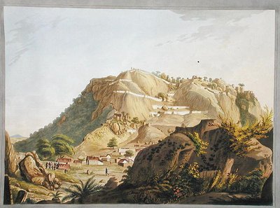 Południowo-zachodni widok Ootra-Durgum, ilustracja z „Dwunastu widoków Mysore, kraju sułtana Tippoo”, grawerowana i kolorowana przez J.W. Edy, opublikowano 1804 (kolorowa akwatinta) autorstwa Robert H. (after) Colebrooke