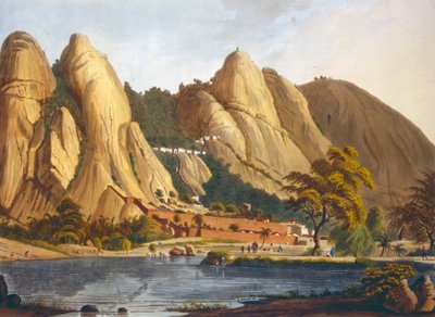 Widok południowy na Sewandroog, ilustracja z Dwunastu widoków Mysore, kraju sułtana Tippoo, grawerowana i kolorowana przez J.W. Edy, opublikowano 1804 (kolorowa akwatinta) autorstwa Robert H. Colebrooke
