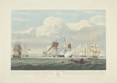 Wypłynięcie dwunastu holenderskich statków handlowych z portu Portsmouth, 1833 (tabl. 3) Ten zestaw trzech tablic przedstawiających wypłynięcie z Portsmouth Harbor w dniu 2 czerwca 1833 roku 12 statków Nederlandsche Koopvaardy z embarga zrzuconych autorstwa Robert Havell (II)