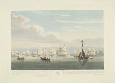 Wypłynięcie dwunastu holenderskich statków handlowych z portu Portsmouth, 1833 (tabl. 1) Ten zestaw trzech tablic przedstawiających wypłynięcie z Portsmouth Harbor w dniu 2 czerwca 1833 roku 12 statków Nederlandsche Koopvaardy z embarga zrzuconych autorstwa Robert Havell (II)