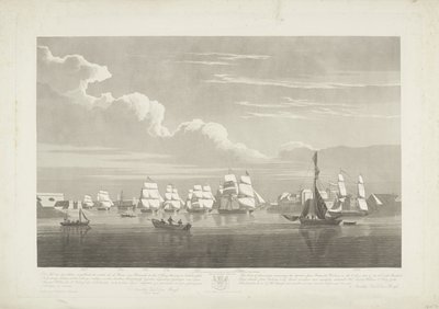 Wypłynięcie dwunastu holenderskich statków handlowych z portu Portsmouth, 1833 (tabl. 1) Ten zestaw trzech tablic przedstawiających wypłynięcie z Portsmouth Harbor w dniu 2 czerwca 1833 roku 12 statków Nederlandsche Koopvaardy z embarga zrzuconych autorstwa Robert Havell (II)