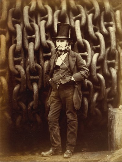 Isambard Kingdom Brunel stojący przed łańcuchami startowymi Wielkiego Wschodu... wydrukowany w latach 1863-64. autorstwa Robert Howlett