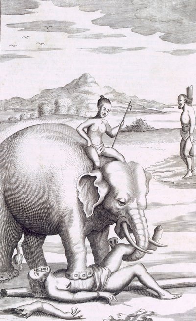 Egzekucja słonia, pub. 1681. autorstwa Robert Knox