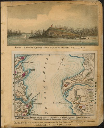 Blokada Potomaku. Mapa przedstawiająca baterie Unii i Rebelii w styczniu 1862. Rebelianci ewakuowali wszystkie swoje baterie w nocy 4 marca 1862 roku. LOC gvhs01.vhs00066 autorstwa Robert Knox Sneden