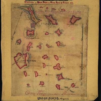 Kontury fortów Unii po południowej stronie Potomaku, 1862 (mapa). LOC gvhs01.vhs00242 autorstwa Robert Knox Sneden