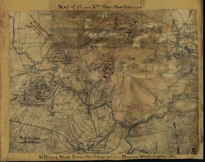 Mapa 1. i 2. bitwy pod Bull Run. Oficjalna mapa z Biura Topograficznego, Waszyngton, D.C. LOC gvhs01.vhs00239 autorstwa Robert Knox Sneden