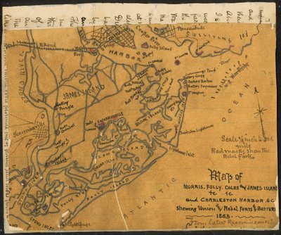 Mapa Morris, Folly, Coles i James Island(s) itd. oraz Charleston Harbor S.C. pokazująca (sic) forty i baterie Unii i Rebelii, 1864. LOC gvhs01.vhs00184 autorstwa Robert Knox Sneden